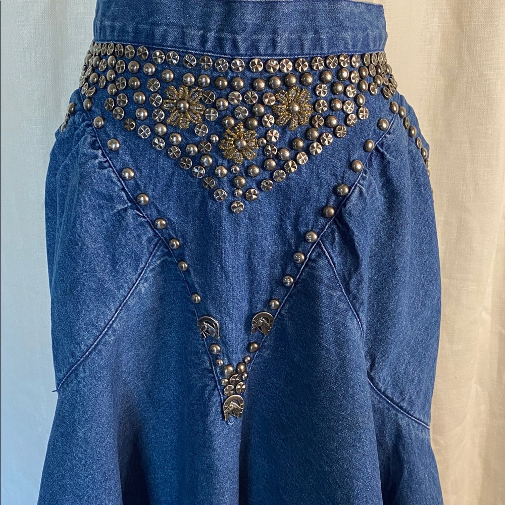 Vintage Denim Floral Beaded Embellished Skirt - Picture 2 of 10